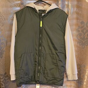 Kids Olive Green Hooded Puffer Vest Jacket with Beige Sleeves
